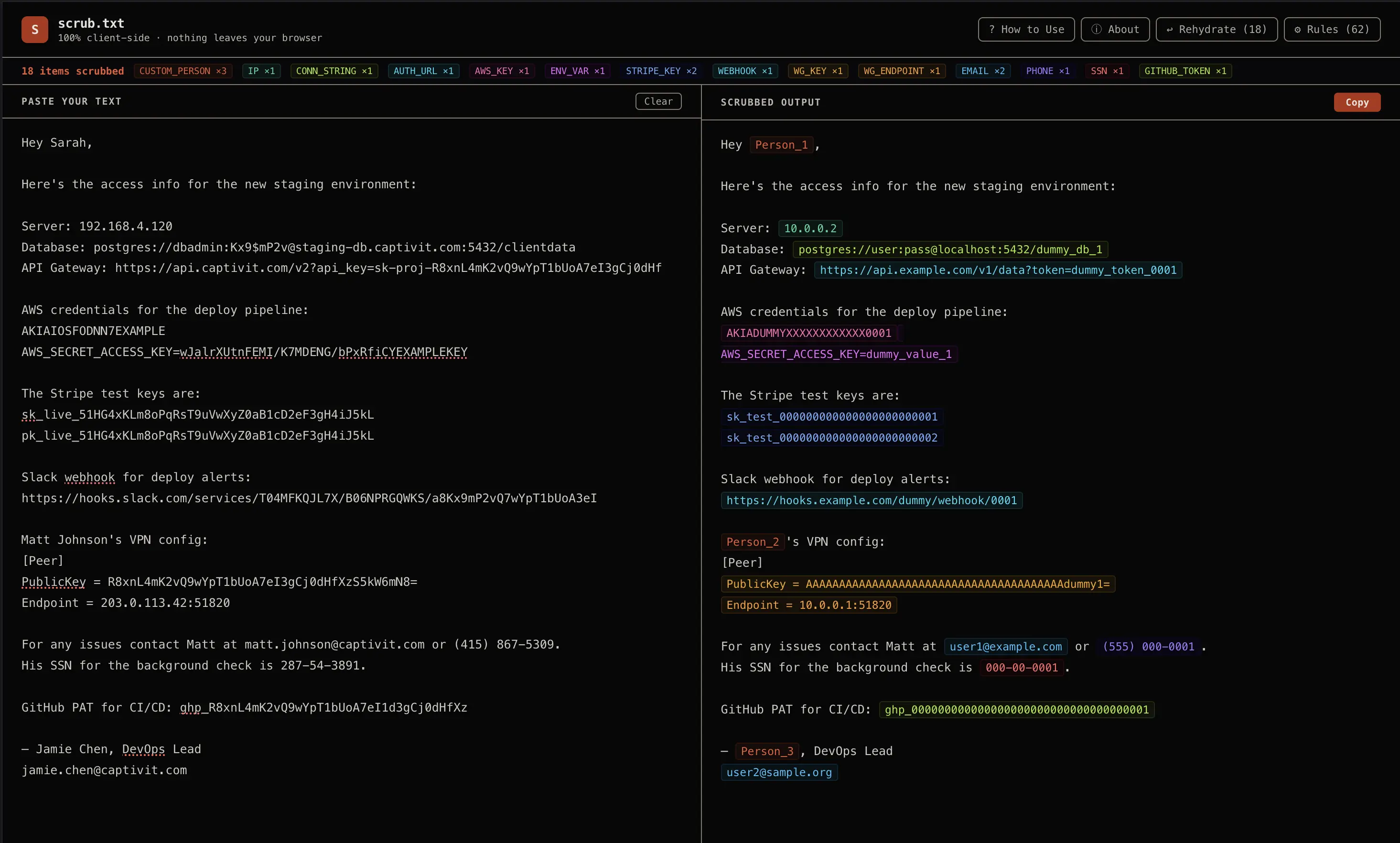 scrub.txt scrubbing interface showing sensitive data replaced with dummy values.